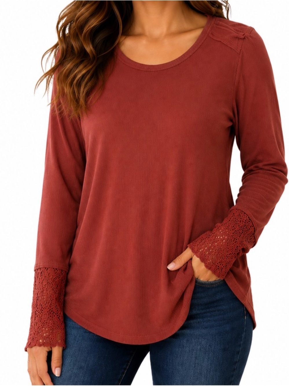 Knox Rose Womens Long Sleeve Rust/orange Knit Top with Smocked/lace Cuffs SZ MD